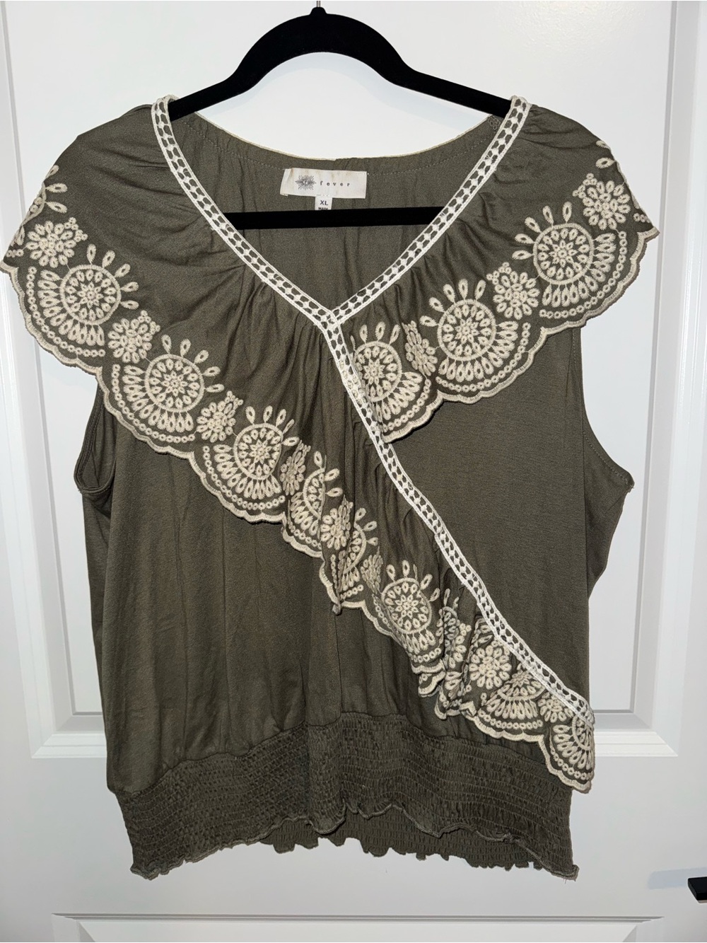 Fever Olive Green Sleeveless Top with Cream Lace Trim